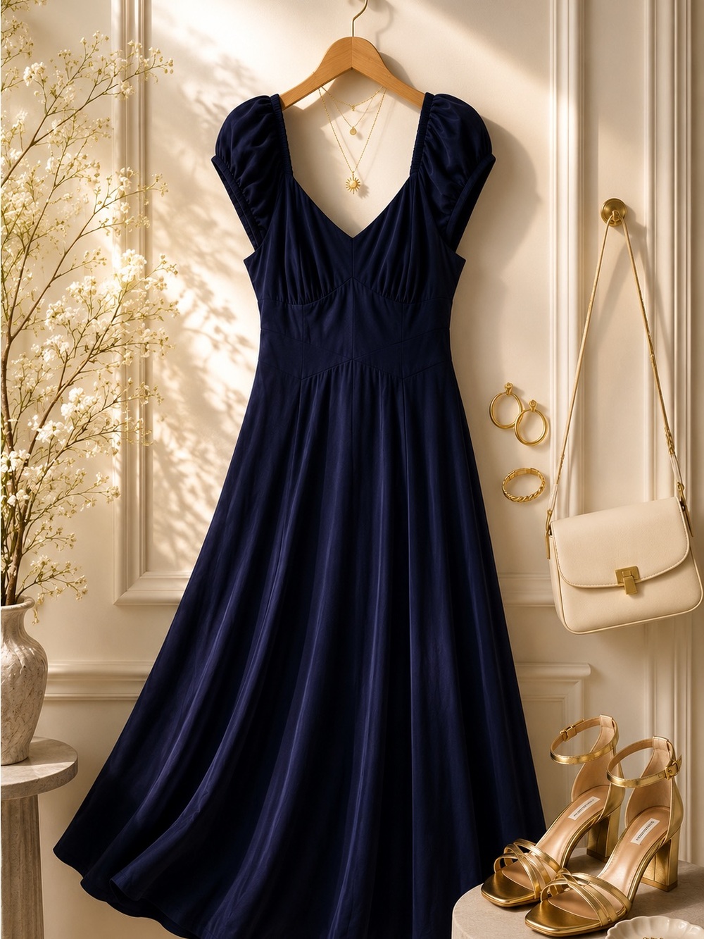 Old Navy Navy Blue Midi Dress with Puff Sleeves